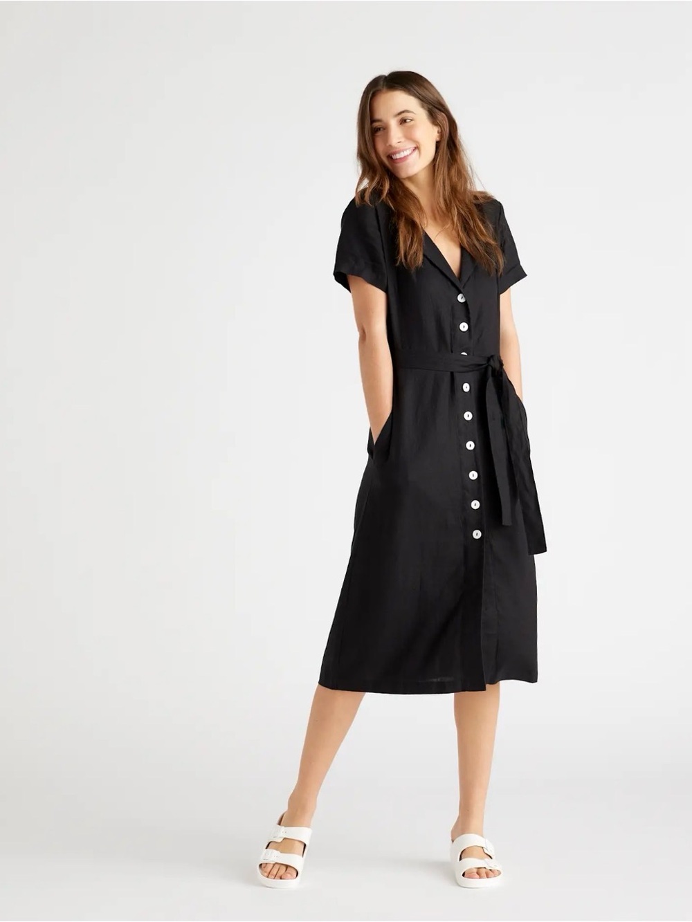 Quince Black V-Neck Button Midi Dress with Tie Waist